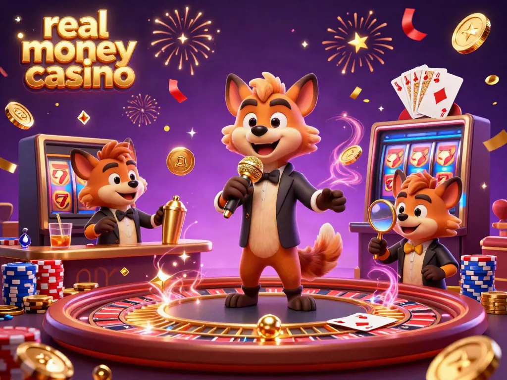 Enjoy a lively real money casino scene with hyenas, showing dynamic games and vibrant celebrations.