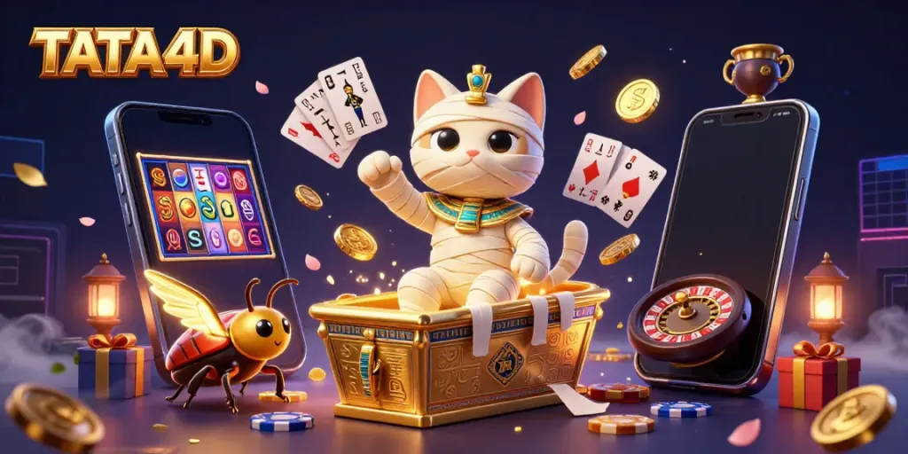 Engaging scene showcasing TATA4D with a cartoon mummy cat and scarab beetle in a pyramid casino, spinning slot game.