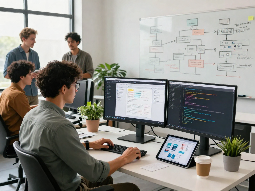 mvp development service showcased in a modern office with a developer coding, screens filled with designs and wireframes, capturing a collaborative atmosphere.