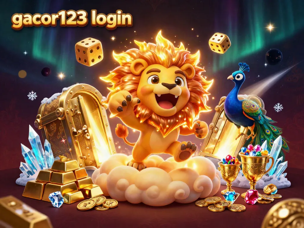 Engage with gacor123 login featuring a vibrant scene of a roaring lion, golden dice, and treasure for online gaming.