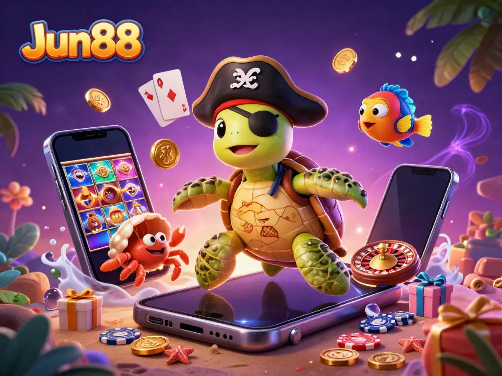 Engage in thrilling games at Jun88 with a vibrant casino-themed 3D scene featuring exciting characters.