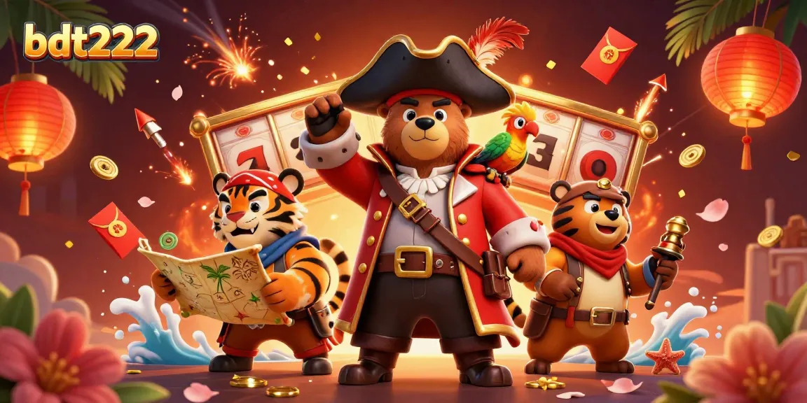 Experience thrilling adventures at bdt222 with a dynamic casino illustration featuring a pirate bear and friends!