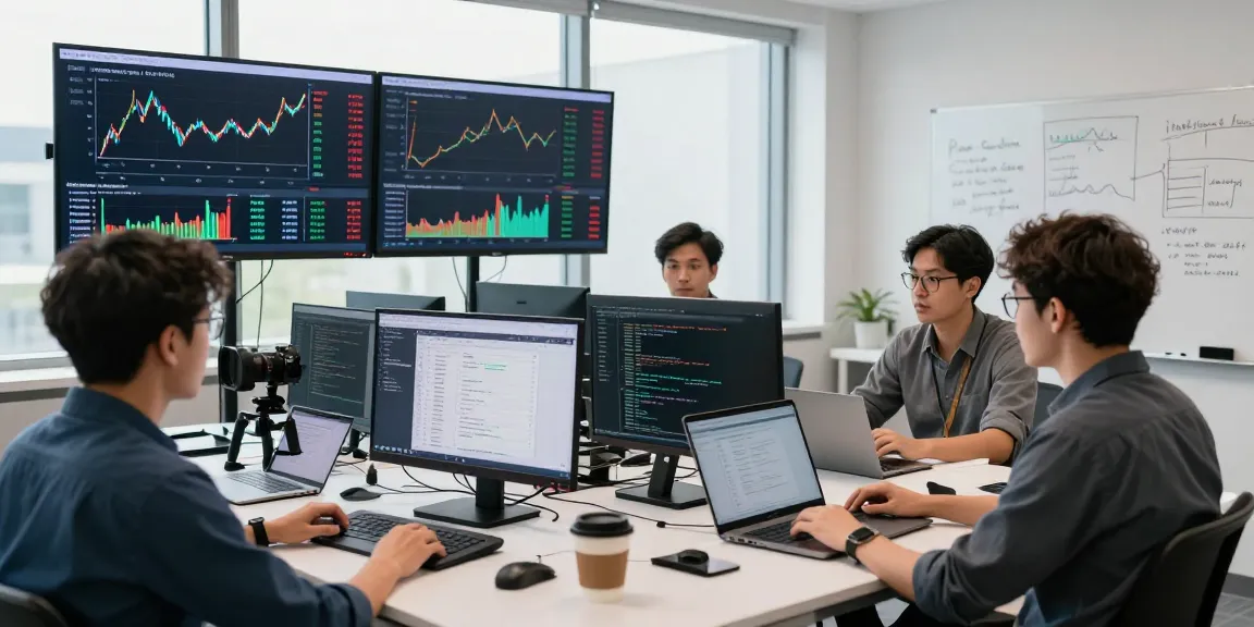 Dynamic trading environment with developers analyzing cotton futures data feed and real-time forex trends.