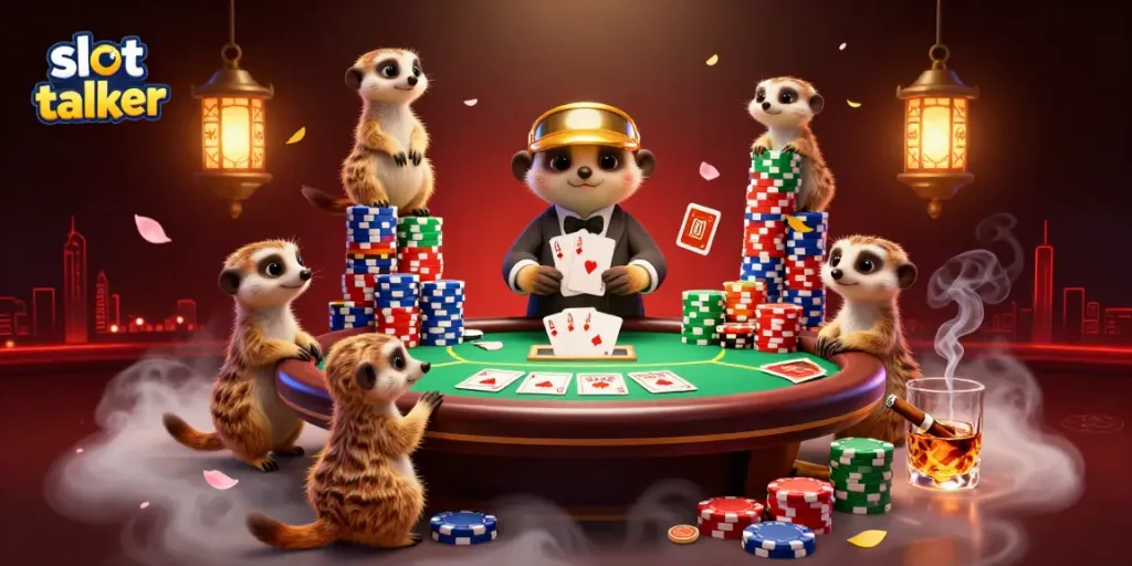 Casino scene with meerkat characters promoting slot talker, featuring poker elements and vibrant colors.