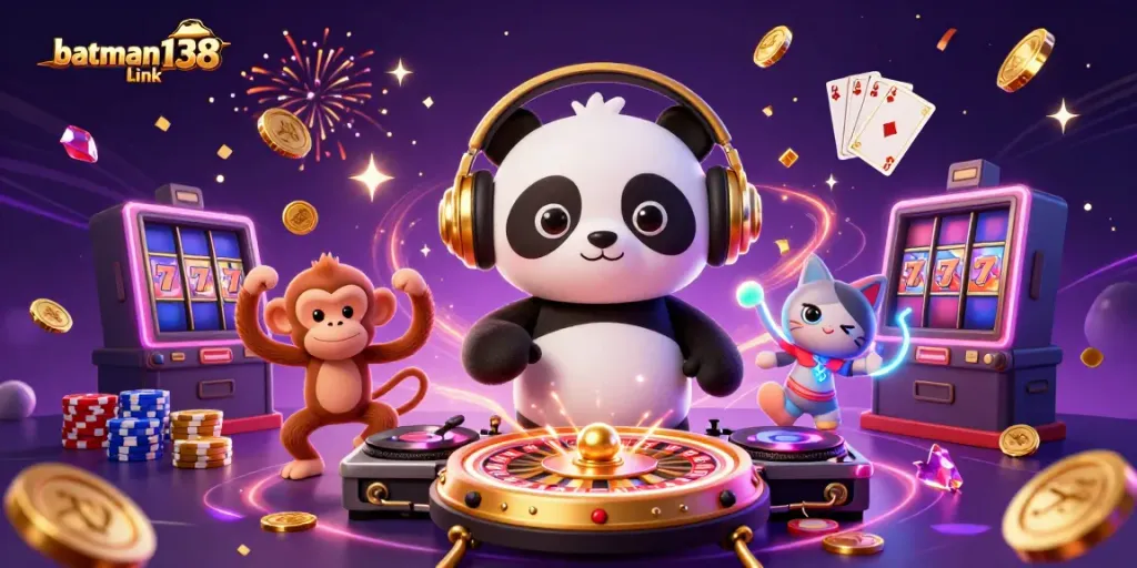 Experience the thrilling batman138 link scene with a DJ panda, breakdancing monkey, and rave kitten in a casino environment.