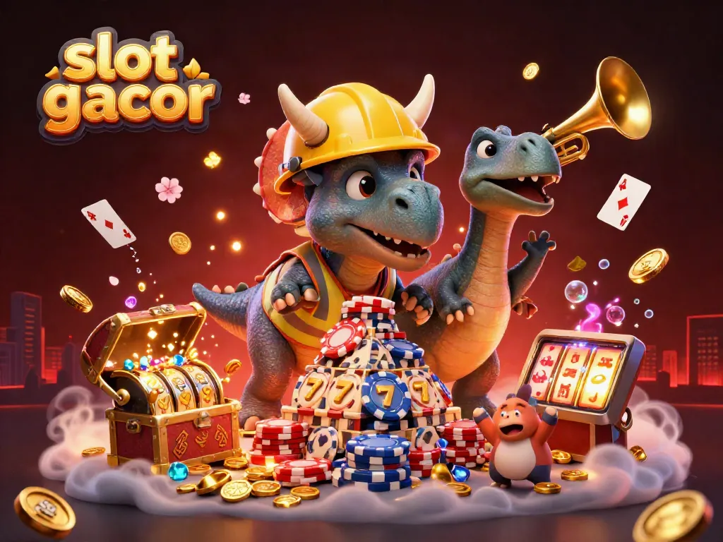 Cheerful 3D illustration of slot gacor characters celebrating with poker chips and colorful slot reels.