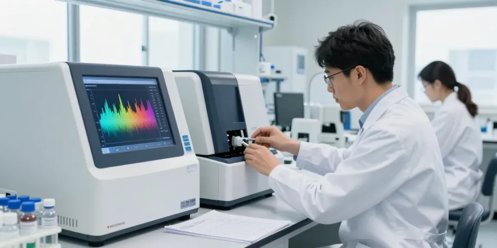 Researchers analyzing volteras research peptides in a modern lab.