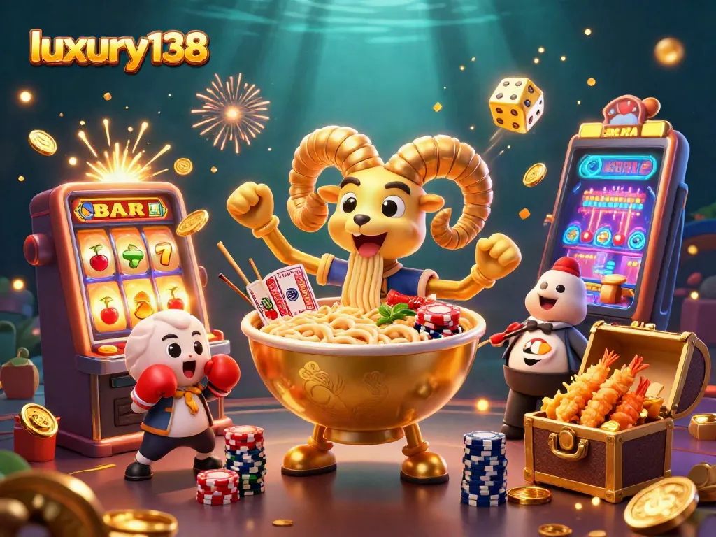 Taruhan seru di luxury138 dengan ramen raksasa, dadu berkilau, dan simbol jackpot yang spektakuler.