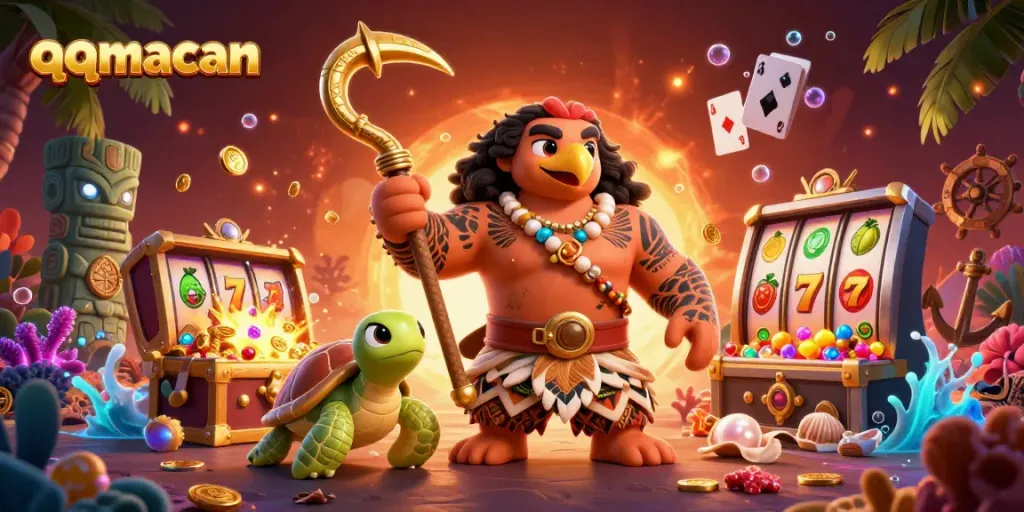 Engage with qqmacan's vibrant 3D cartoon scene filled with slot reels, treasures, and ocean adventure.