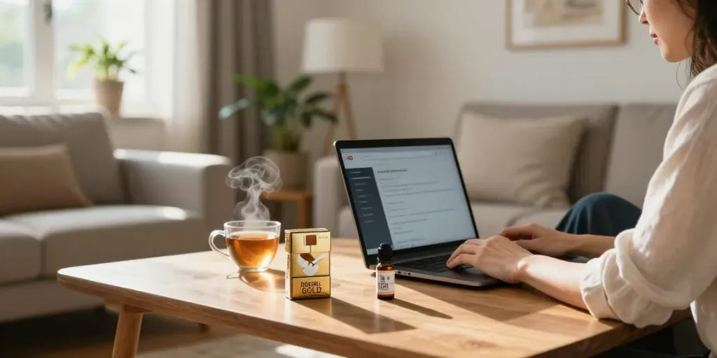 buy cheap cigarette online australia with organic CBD oil and herbal tea in a cozy living room setting.