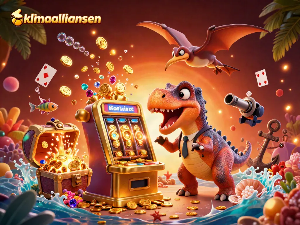 Experience thrilling wins with klimaalliansen as a pachycephalosaurus hits a jackpot while chaos unfolds in a vibrant casino scene.