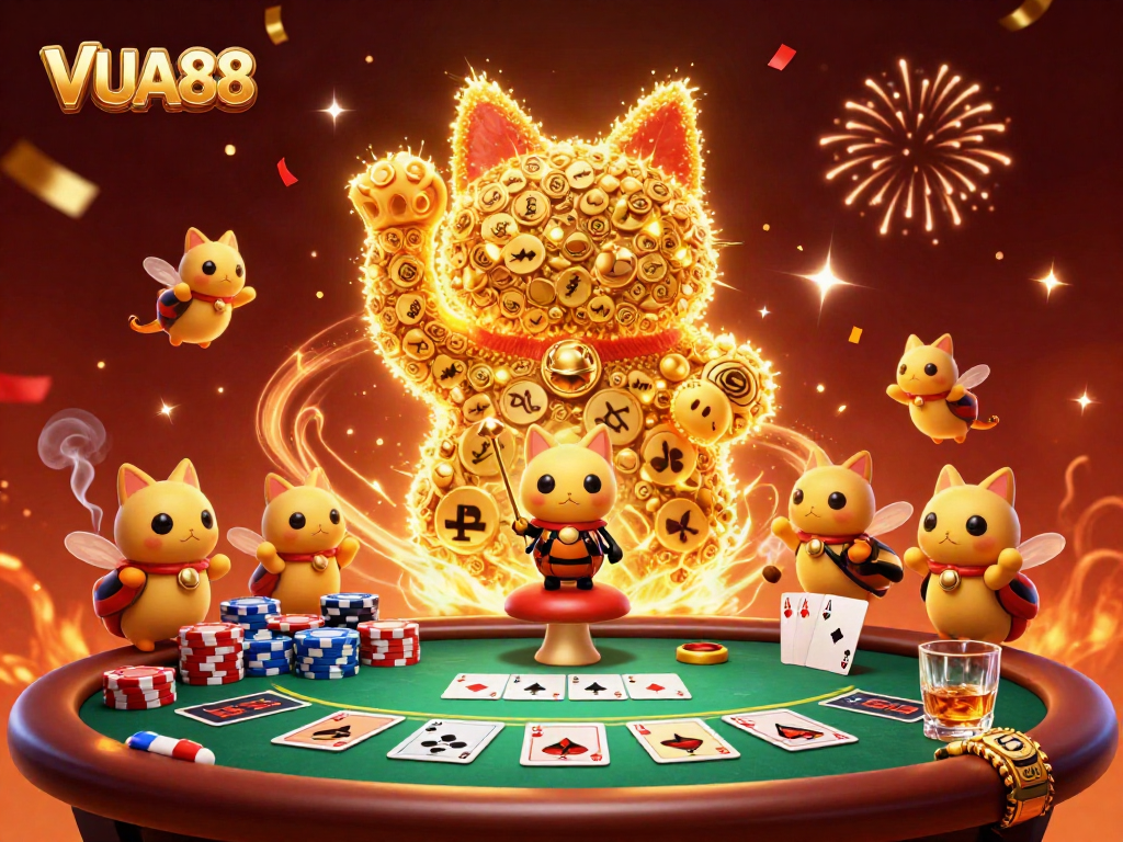 Experience winning with VUA88 as a giant lucky cat waves amidst colorful casino symbols.