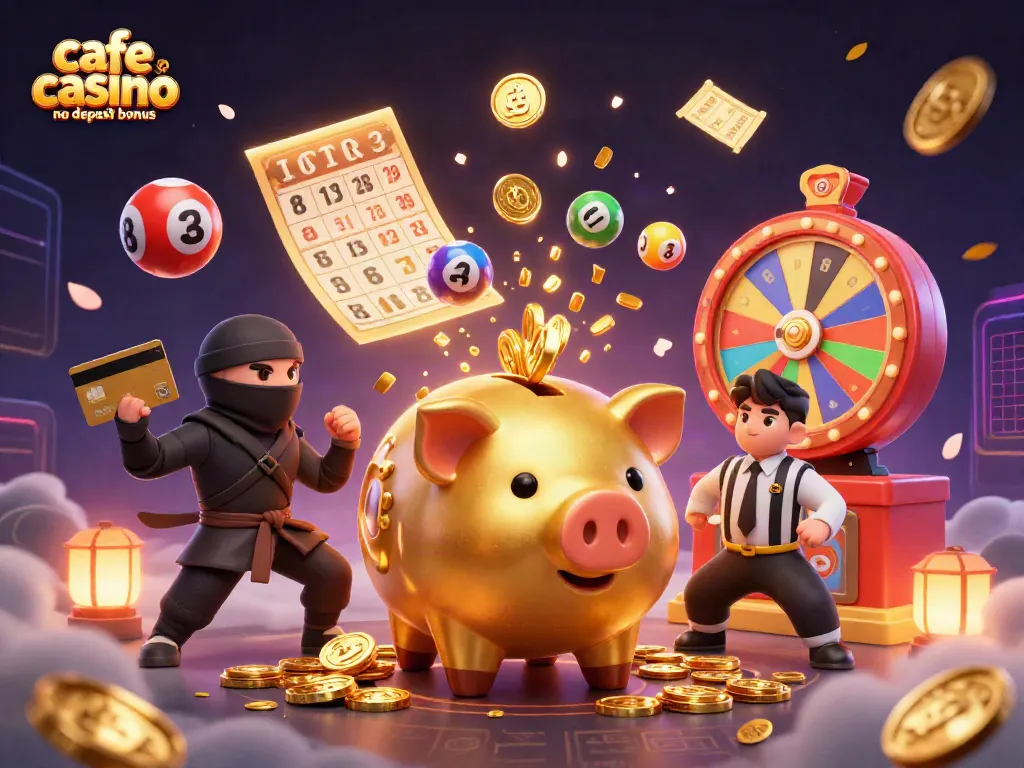 Cafe casino no deposit bonus featuring a dynamic 3D scene of colorful gaming elements and excited characters.