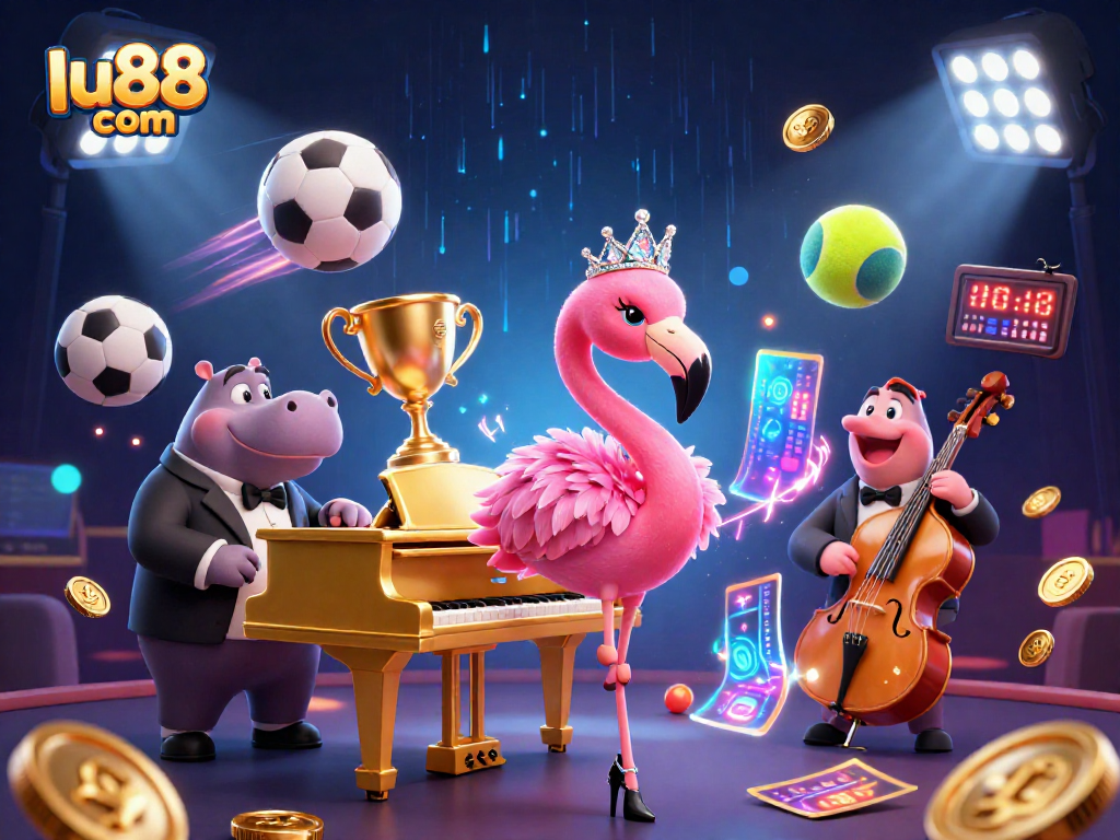 Join the excitement at lu88 com with a vibrant casino illustration of singers and sports elements!