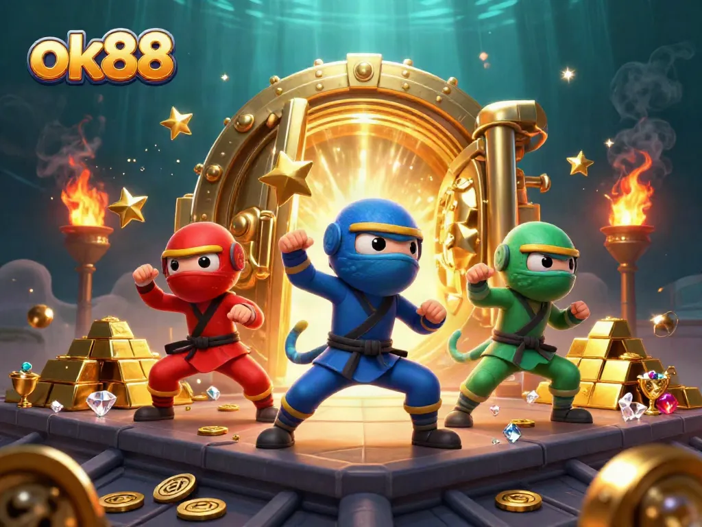 Experience thrilling action with ok88's cartoon ninja chameleons amid treasures and vibrant casino elements.