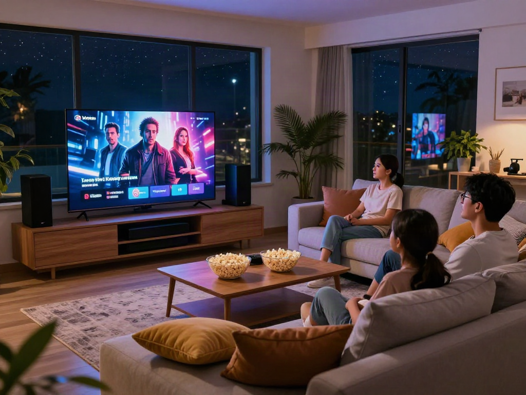 Family enjoying movie night with Moviebox in cozy living room.
