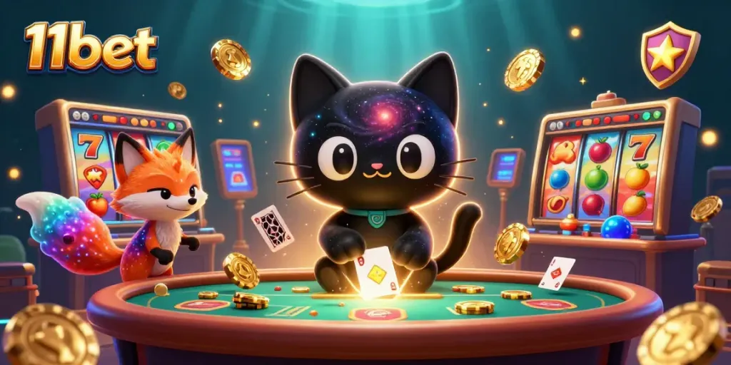 Engage with 11bet's vibrant casino world featuring a black hole cat and nebula fox.