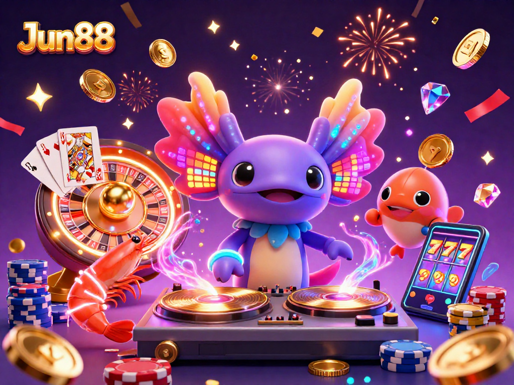 Experience thrilling gaming moments at Jun88, a vibrant casino scene with 3D animated characters celebrating victories.