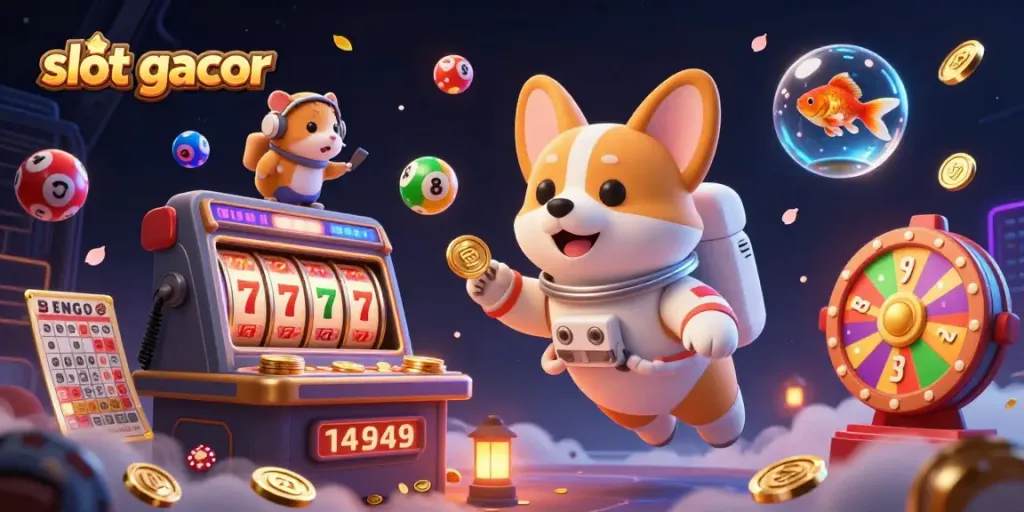 Engage with slot gacor in a vibrant 3D space casino scene featuring an astronaut corgi amidst shimmering visuals.