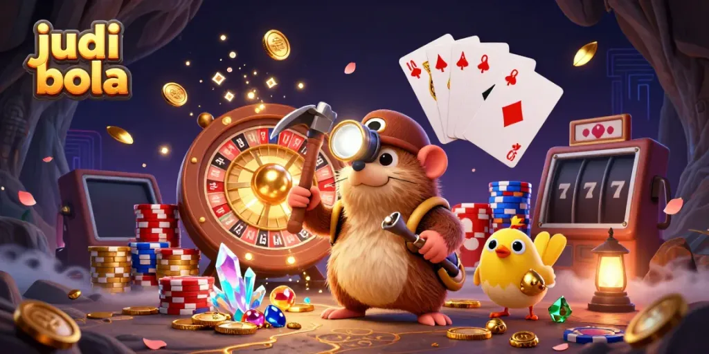 Bet on judi bola with a vibrant 3D illustration of a treasure hunter mole in a mining scene.