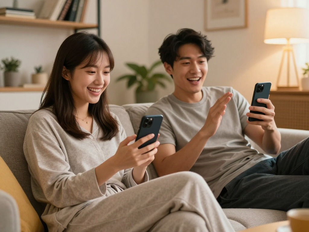 Engaging 1-on-1 video chat on Pink Chat app featuring real people sharing authentic moments in cozy home settings.