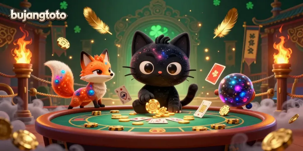 Spin the reels with bujangtoto at a cosmic casino table featuring vibrant characters and golden chips.
