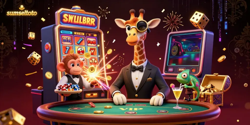 Sumseltoto high-roller giraffe at a VIP poker table surrounded by gaming excitement and jackpot explosions.