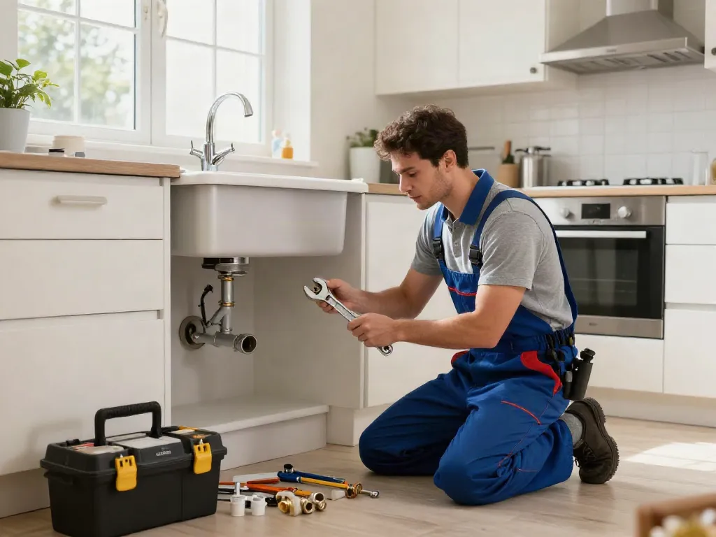 WEFIX London plumbing services with expert technician repairing kitchen sink in bright modern apartment.