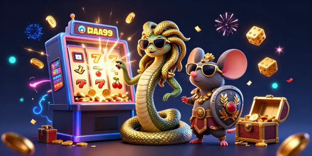 Experience the excitement of raja99 with a vibrant casino scene featuring a friendly Medusa and lucky game elements.