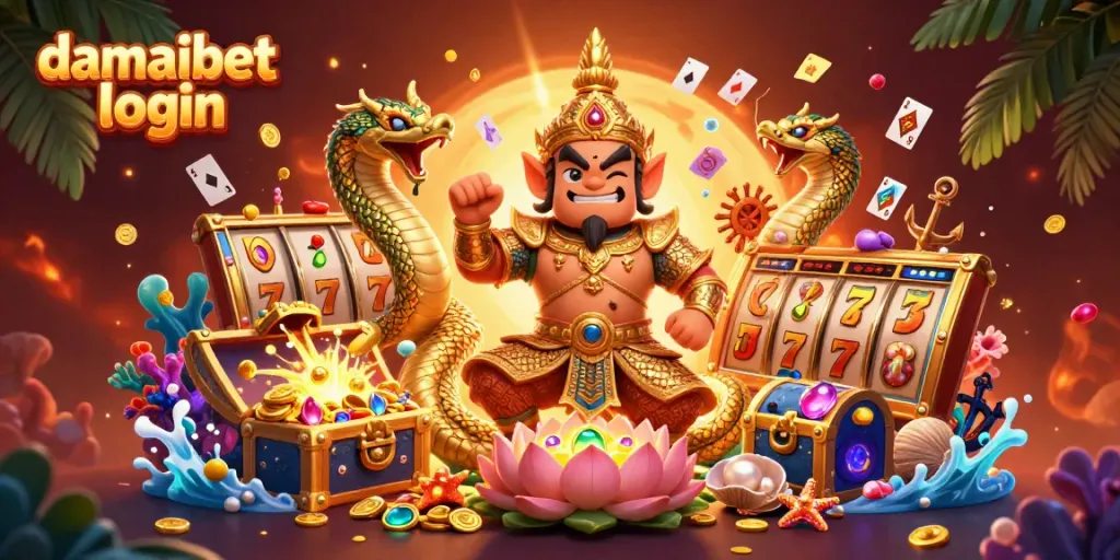Activate your damaibet login with this vibrant 3D casino scene featuring iconic gambling symbols.