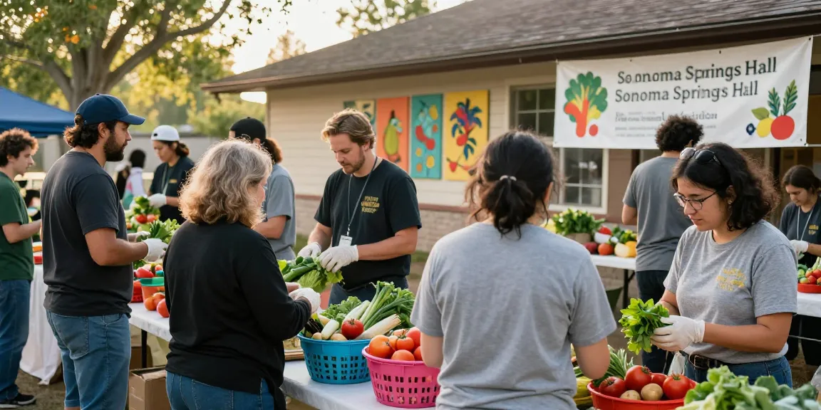 Community volunteers at springshall.org distributing fresh produce, showcasing local food initiatives in Sonoma Springs Hall.