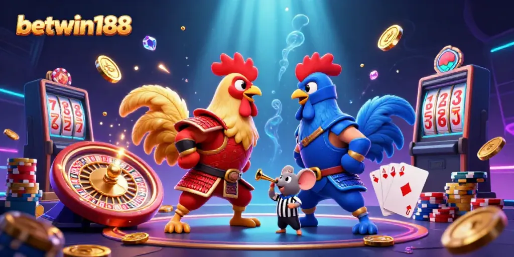 Betwin188 menghadirkan pertarungan ayam 3D, dipenuhi koin emas dan elemen kasino lainnya.