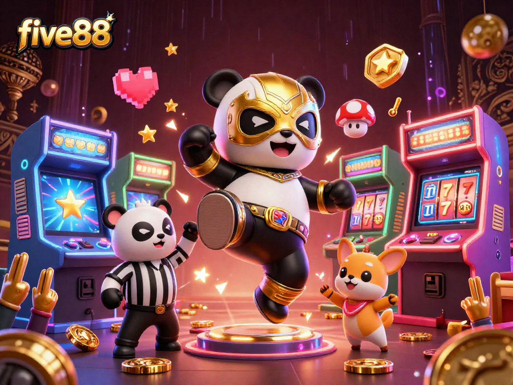Experience excitement at five88 with a vibrant scene of a panda wrestler and playful animal spectators amidst an electrifying casino atmosphere.