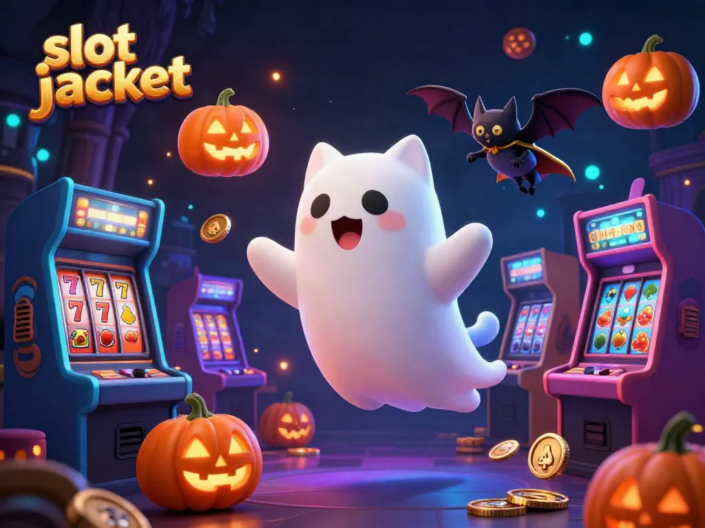 Experience the excitement of a slot jackpot with a friendly ghost cat and vampire bat in a vibrant casino.