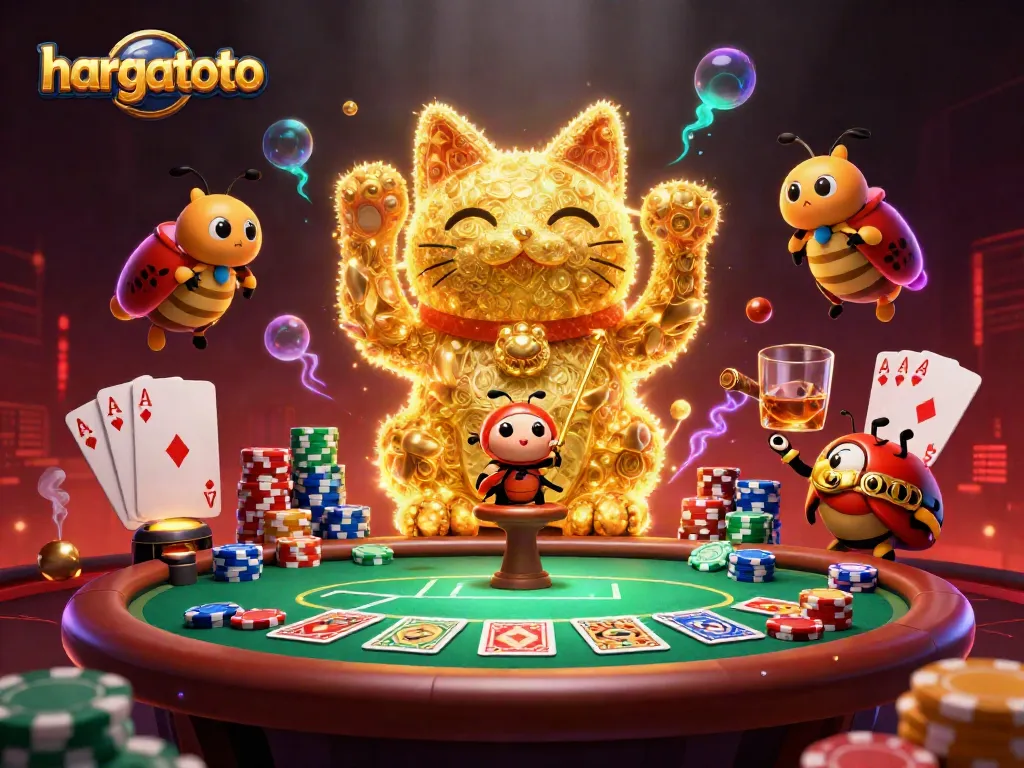 Experience hargatoto's vibrant gambling atmosphere with this stunning illustration of lucky casino symbols.