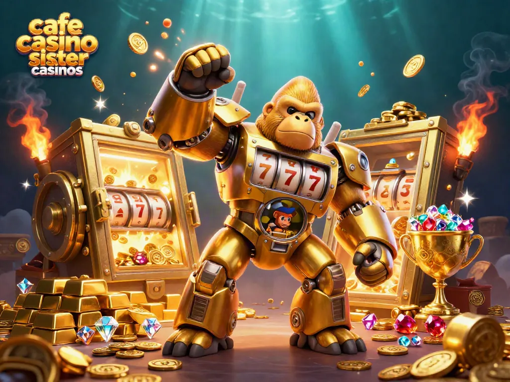 Engage with cafe casino sister casinos through an animated scene featuring a golden gorilla mech and slot elements.