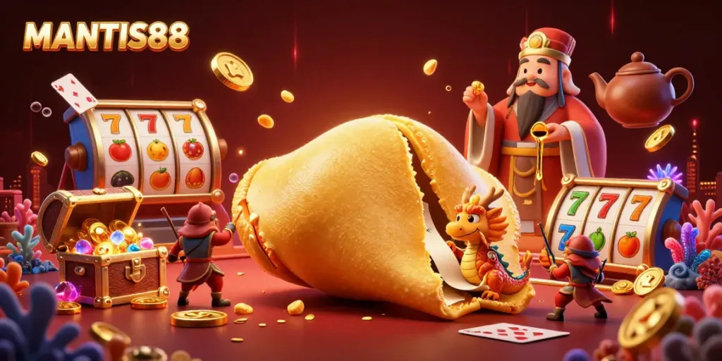 Experience the thrill of MANTIS88 as a golden fortune cookie reveals winning strategies amidst vibrant casino elements.