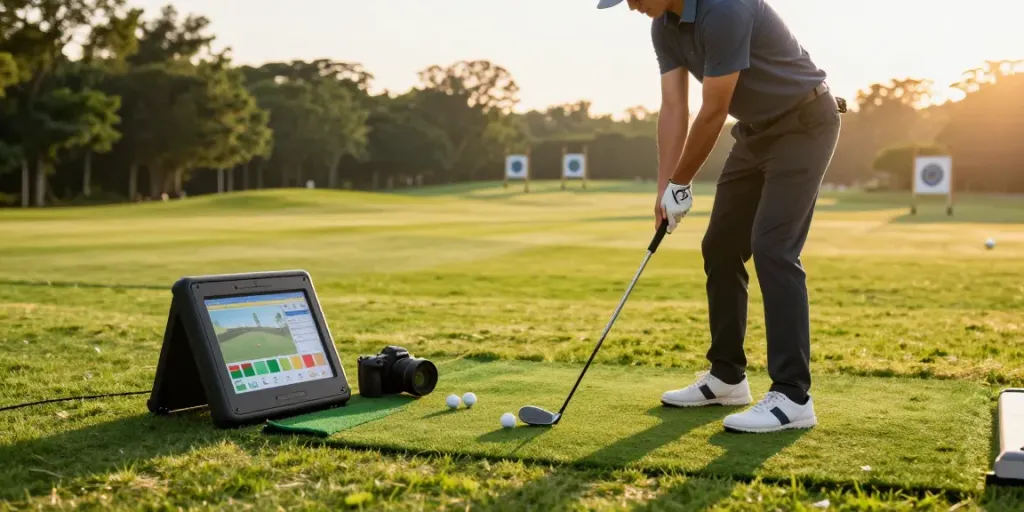 Golfer using budget golf launch monitors for swing analysis at a driving range.