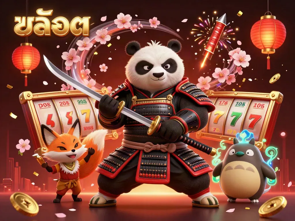 Engage in สล็อต with a fierce samurai panda and ninja fox amidst a vibrant casino environment.