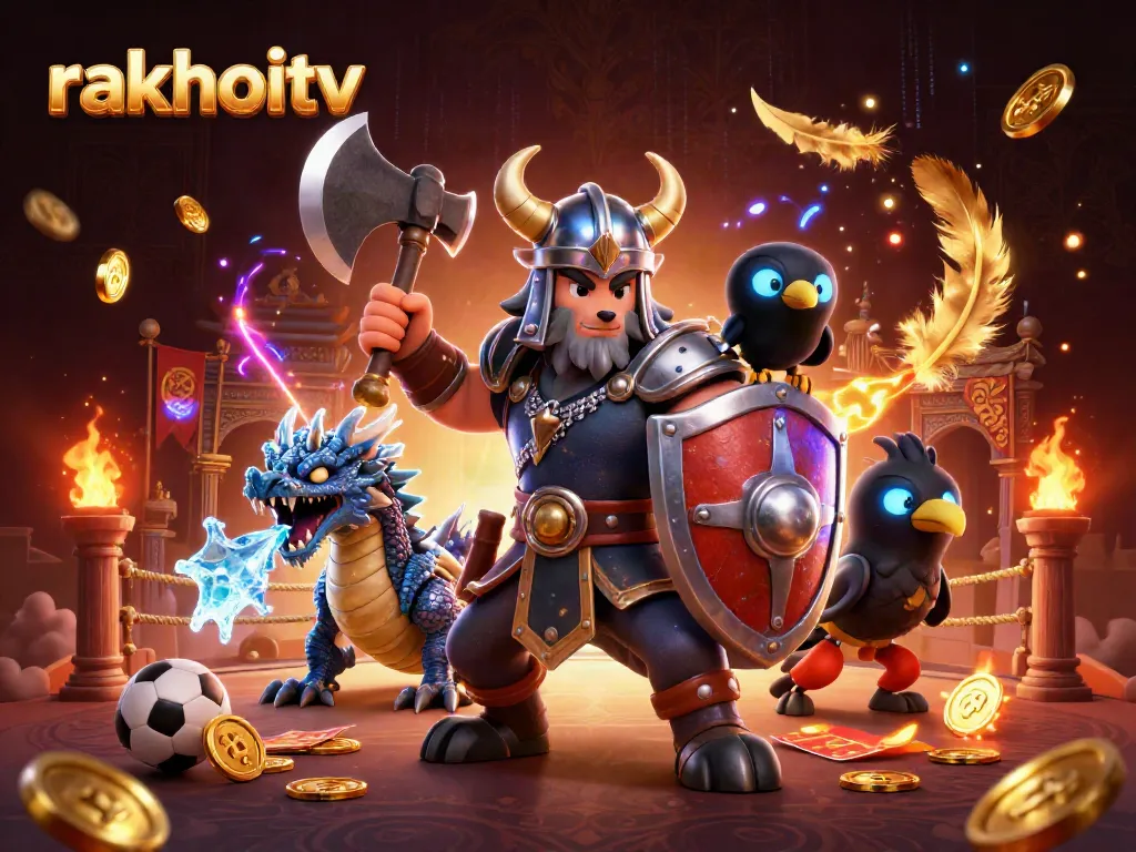 Rakhoitv showcases a vibrant scene of a Viking warrior, dragon, and raven amidst engaging sports betting elements.