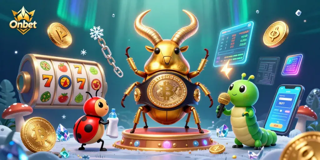 Engage with Onbet's dynamic slots scene featuring golden stag beetle champion and mini ladybug trainer.