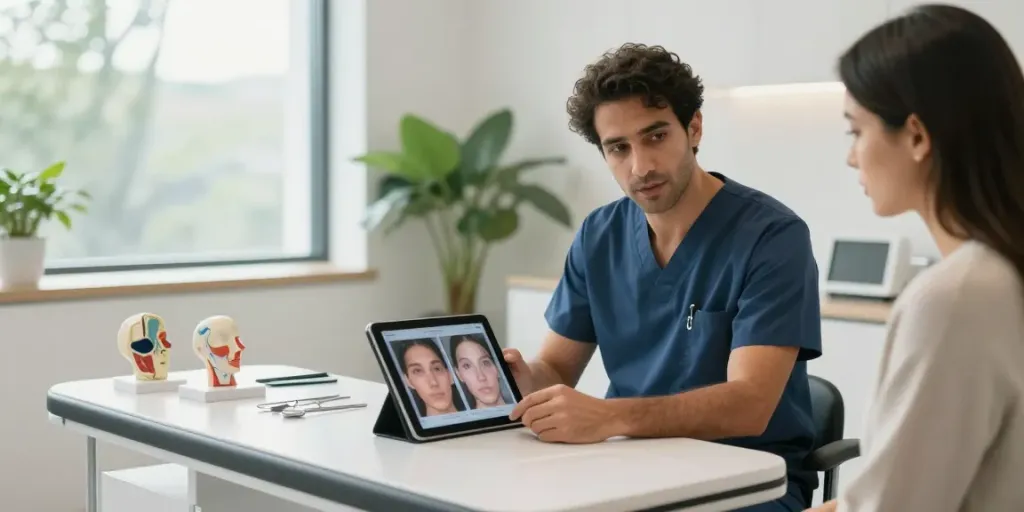 Dr. Zahi Abou Chacra consulting with a patient about rhinoplasty in a modern clinic.