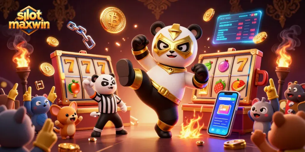 Experience the excitement of slot maxwin with cartoon characters and vibrant casino elements in a dynamic scene.