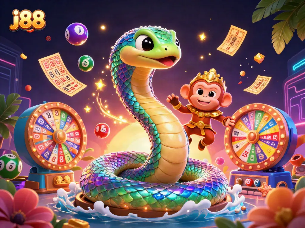 Experience j88 gaming excitement with vibrant characters and dynamic lottery elements in a 3D casino illustration.