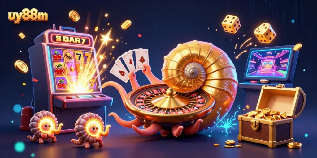 uy88m showcases a vibrant casino scene with a glowing nautilus roulette wheel and dynamic gaming elements.
