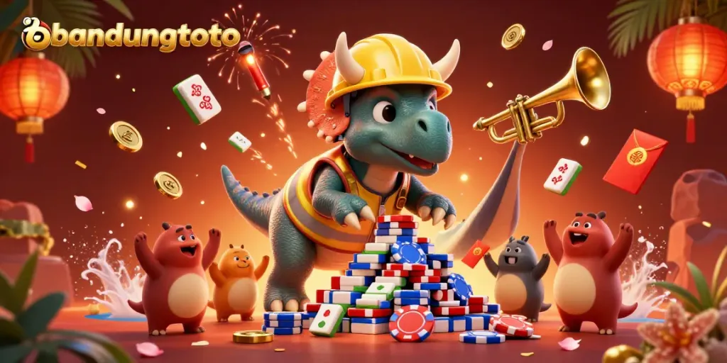 Cheerful scene with bandungtoto characters building a poker chip pyramid, celebrating gambling.