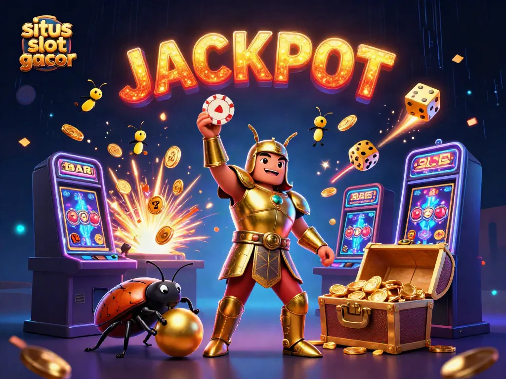 Visualisasi situs slot gacor yang menggabungkan karakter lucu dan simbol permainan slot yang menarik.