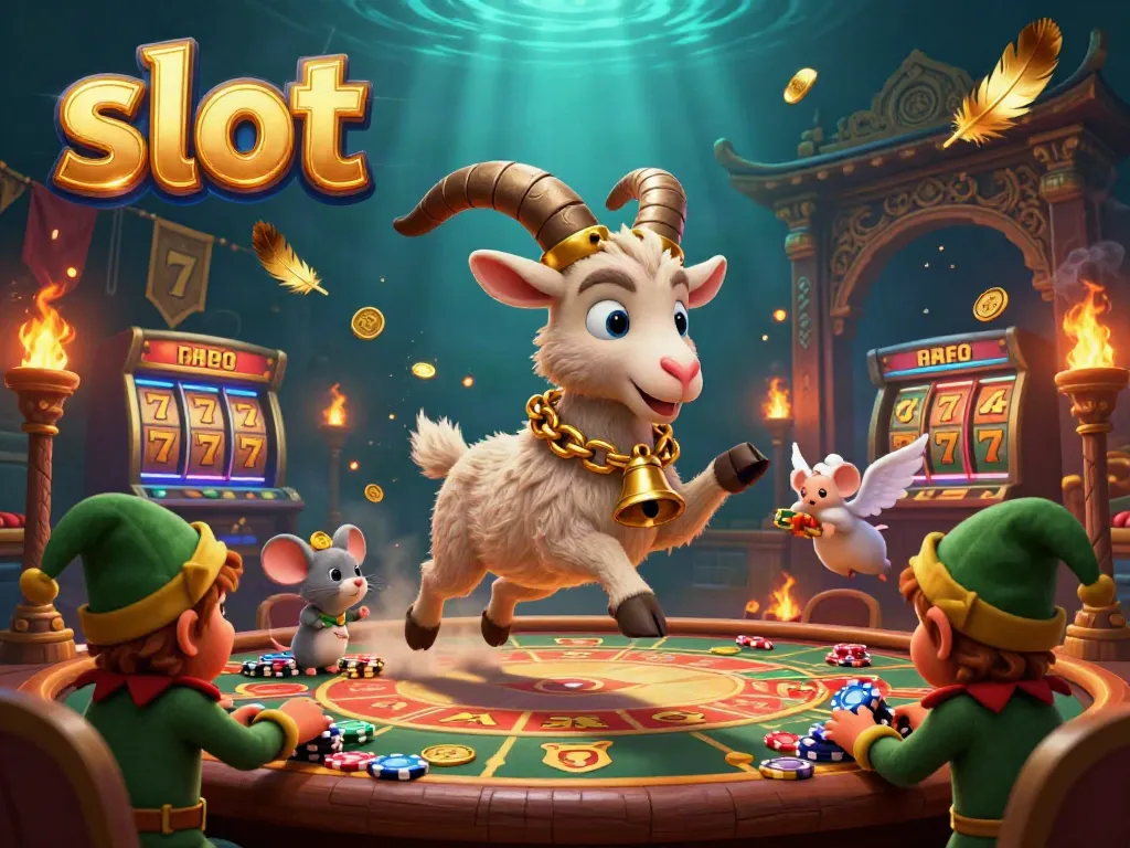 Experience thrilling slot action with a whimsical Krampus goat, angel mouse, and mischievous elves in a festive casino scene.