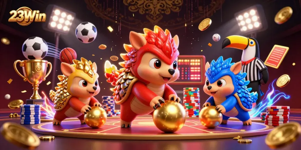 Experience the thrill of 23Win as pangolins battle through poker chips in this vibrant casino-themed scene.