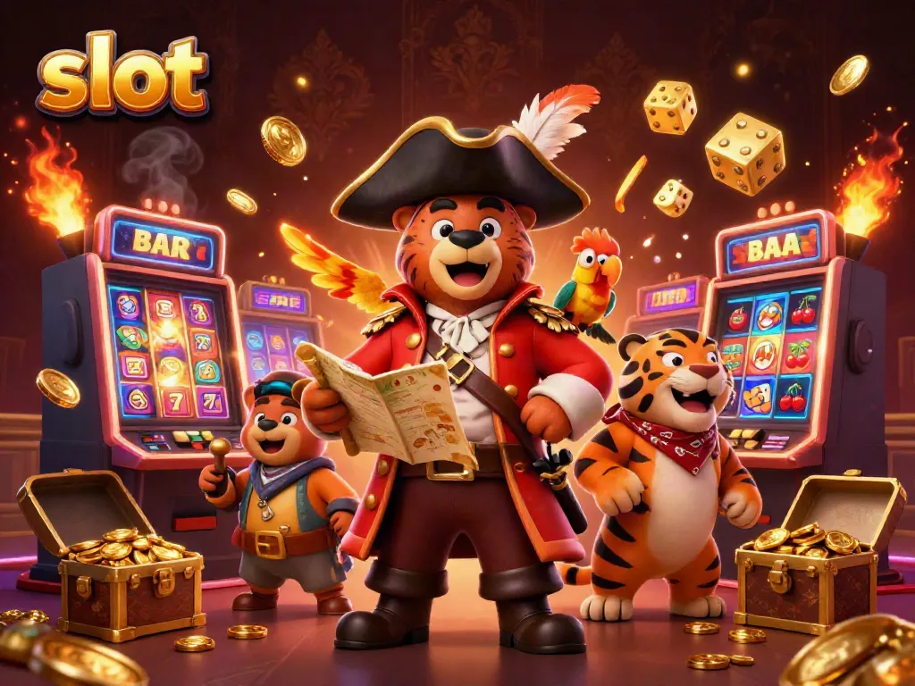 Engage with fun slots featuring animated pirate characters and casino elements in a vibrant 3D scene.